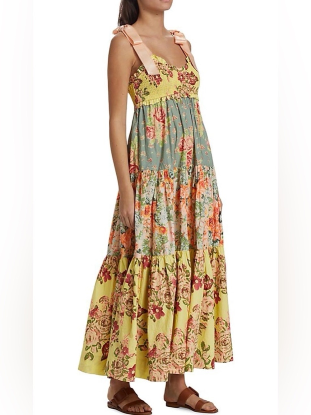 FREE PEOPLE Floral Tiered Maxi Dress with Pink Bow Straps XS - Picture 2 of 11